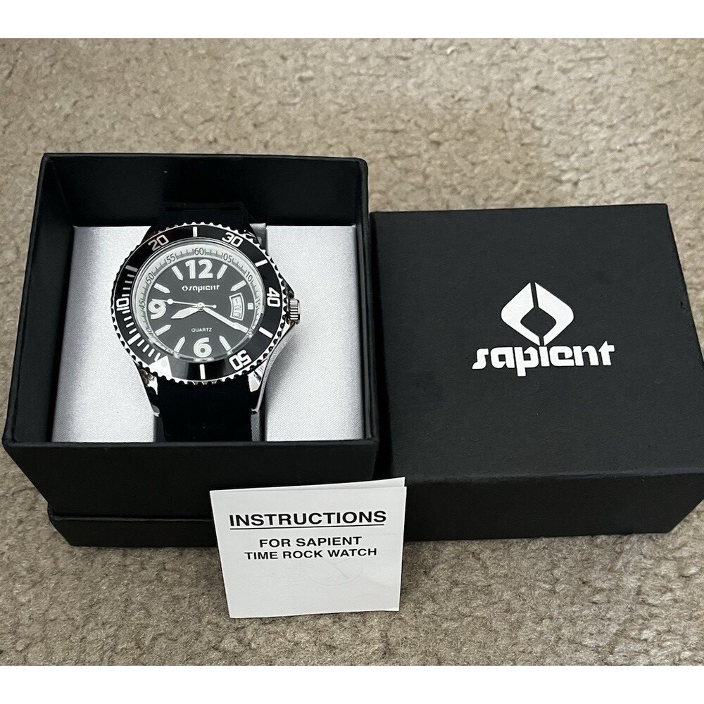 Sapient Time Rock Watch Men 43mm Silver Tone Black Box Silicone Band New in box